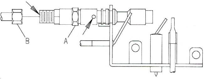 Diagram of the pilot assembly: Nut B joins the pilot tubing on the left, Nut A is next to it, and arrows point to the air holes to blow out