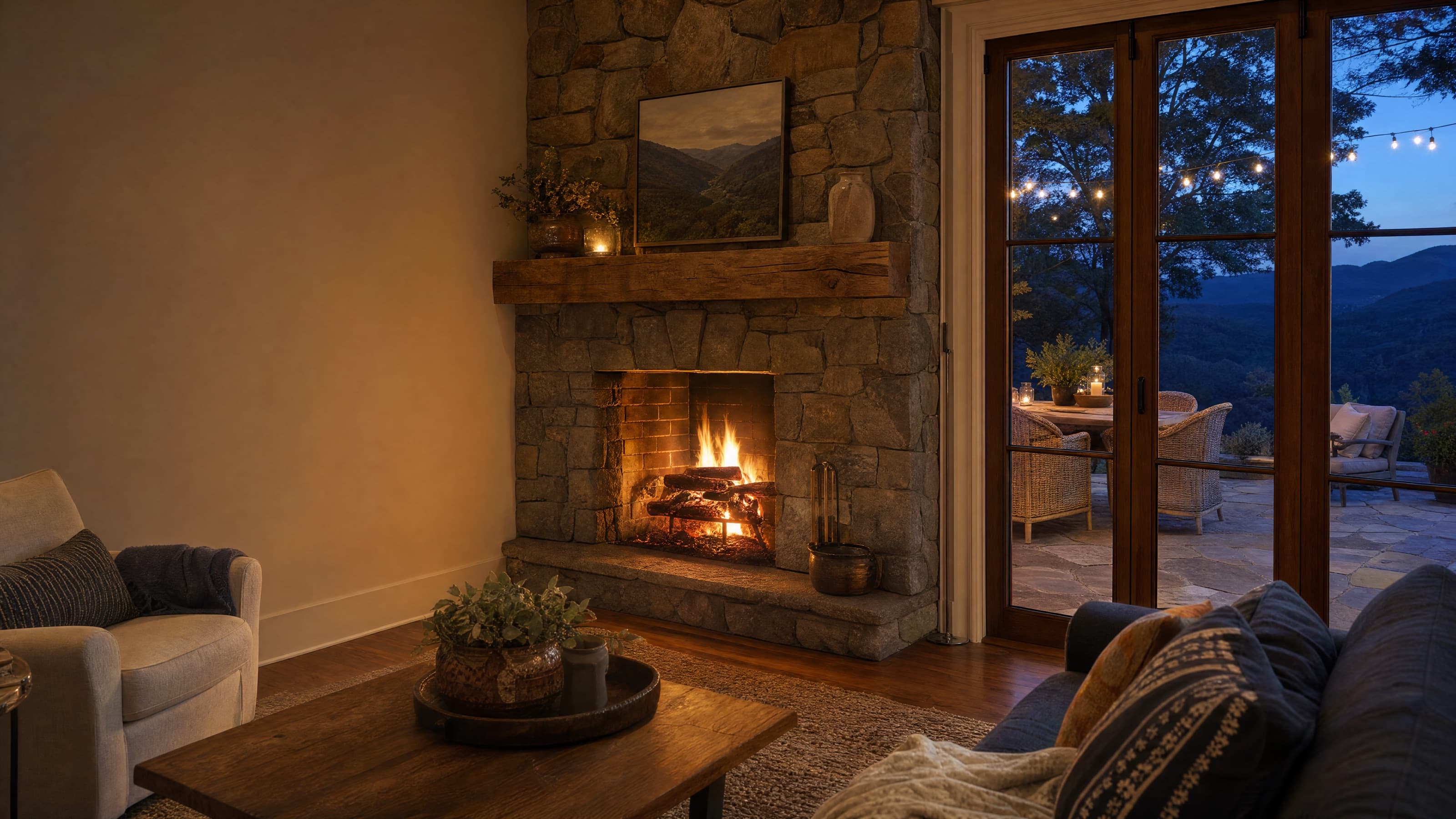 A wood fire burning in a stone fireplace in a living room at dusk, with glass doors open to a patio with outdoor dining chairs and string lights